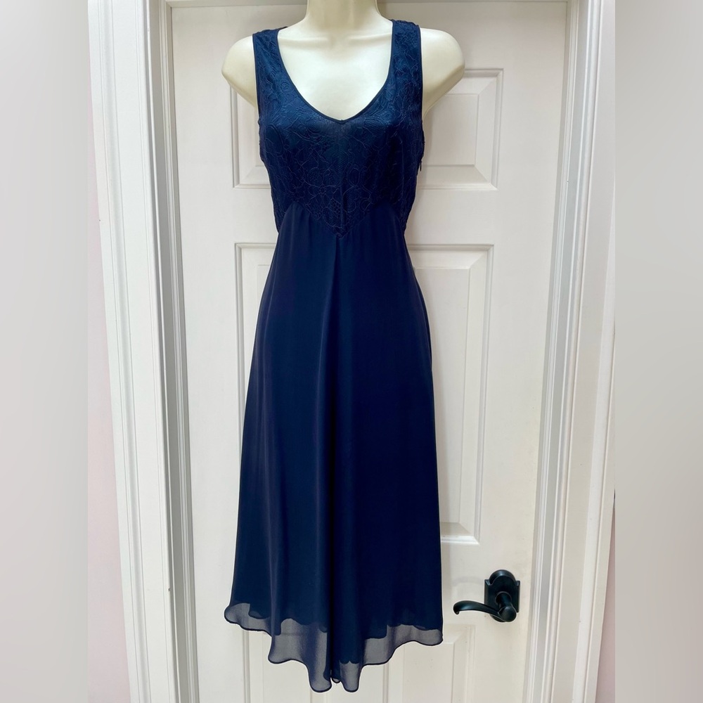 armand ventilo 100% silk navy dress with lace